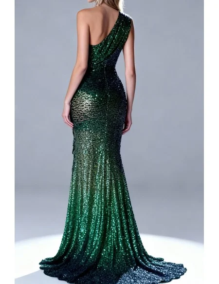 Sparkling Sequin One Shoulder Emerald Green Long Prom Dress with Asymmetric Design and Mermaid Silhouette