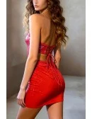 Bodycon Silhouette Scarlet Sequin Mini Cocktail Party Dress Strapless with Open Back