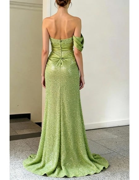 Striking Lime Green Sequin Prom Dress Sparking With One Shoulder Ruffles And High Slit