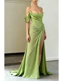 Striking Lime Green Sequin Prom Dress Sparking With One Shoulder Ruffles And High Slit