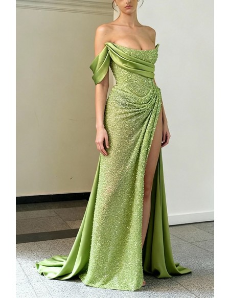 Striking Lime Green Sequin Prom Dress Sparking With One Shoulder Ruffles And High Slit
