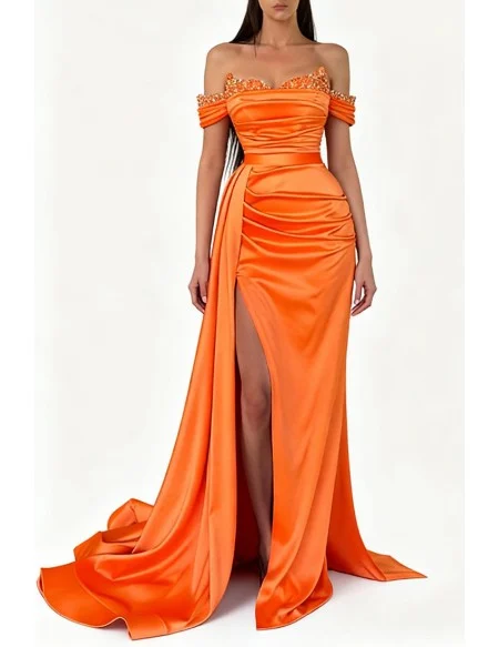 Gorgeous Off Shoulder Orange Satin Long Prom Dress With Beaded Neck And High Slit Draped Skirt