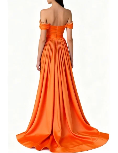 Gorgeous Off Shoulder Orange Satin Long Prom Dress With Beaded Neck And High Slit Draped Skirt
