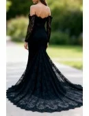 Mysterious Black All Lace Off Shoulder Mermaid Formal Evening Dress with Long Sleeves