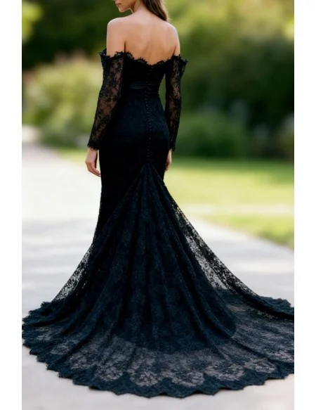 Mysterious Black All Lace Off Shoulder Mermaid Formal Evening Dress with Long Sleeves