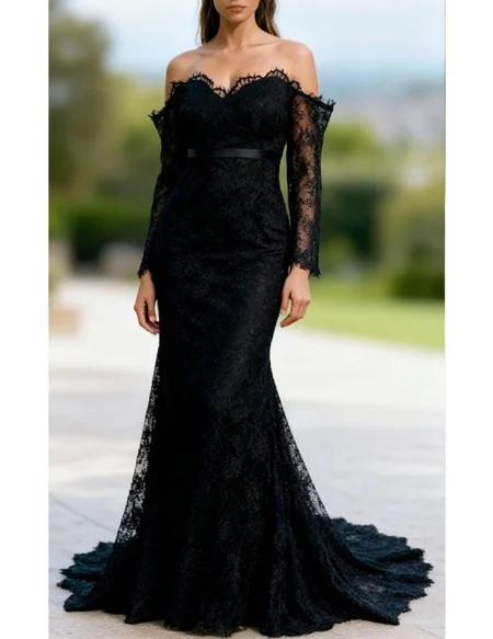 Mysterious Black All Lace Off Shoulder Mermaid Formal Evening Dress with Long Sleeves