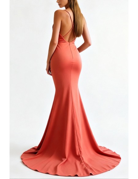 Simple Sexy Mermaid Coral Satin Formal Dress With Plunge Neck And High Slit