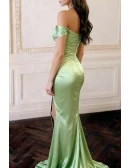 Stylish Mermaid Mint Green Long Slit Evening Gown with Pleats and Off The Shoulder Sleeves