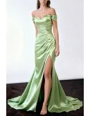 Stylish Mermaid Mint Green Long Slit Evening Gown with Pleats and Off The Shoulder Sleeves
