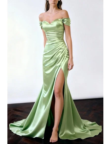 Stylish Mermaid Mint Green Long Slit Evening Gown with Pleats and Off The Shoulder Sleeves