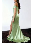 Stylish Mermaid Mint Green Long Slit Evening Gown with Pleats and Off The Shoulder Sleeves