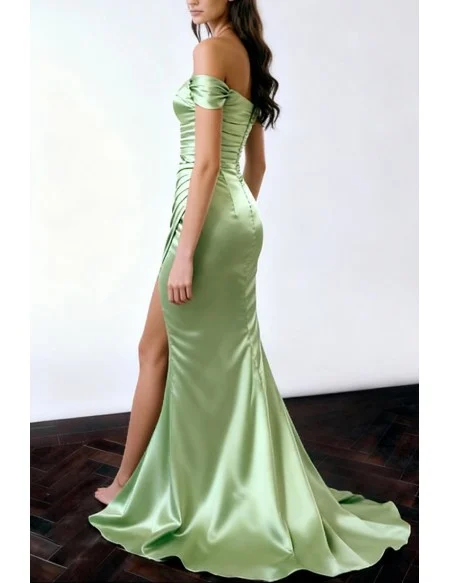 Stylish Mermaid Mint Green Long Slit Evening Gown with Pleats and Off The Shoulder Sleeves