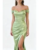 Stylish Mermaid Mint Green Long Slit Evening Gown with Pleats and Off The Shoulder Sleeves