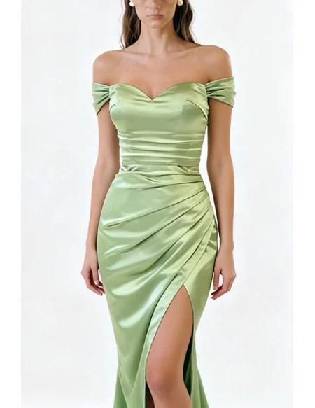 Stylish Mermaid Mint Green Long Slit Evening Gown with Pleats and Off The Shoulder Sleeves