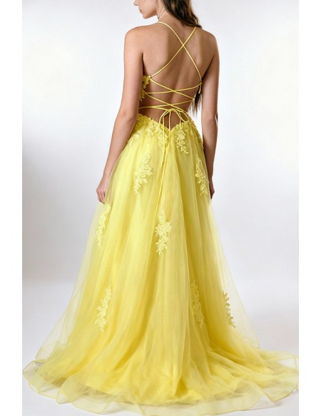 Beautiful Lemon Yellow Tulle Long Prom Dress With Lace and No Back