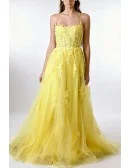 Beautiful Lemon Yellow Tulle Long Prom Dress With Lace and No Back