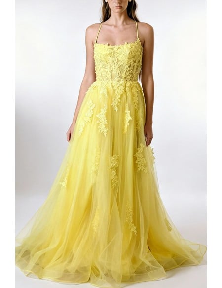 Beautiful Lemon Yellow Tulle Long Prom Dress With Lace and No Back