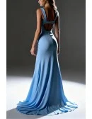 Sky Blue Satin Ruched Long Tight Prom Dress With Sweetheart Neck And High Slit
