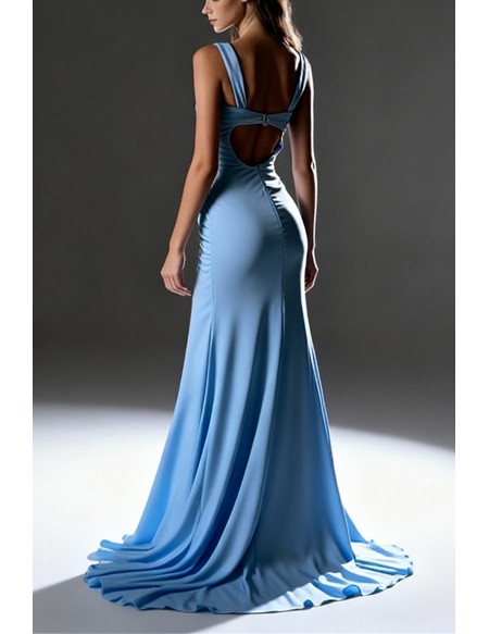 Sky Blue Satin Ruched Long Tight Prom Dress With Sweetheart Neck And High Slit