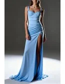 Sky Blue Satin Ruched Long Tight Prom Dress With Sweetheart Neck And High Slit