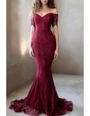 Elegant All Lace Mauve Off Shoulder Mermaid Evening Dress with Sweetheart Neck And Short Sleeves