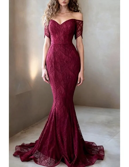 Elegant All Lace Mauve Off Shoulder Mermaid Evening Dress with Sweetheart Neck And Short Sleeves