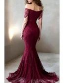 Elegant All Lace Mauve Off Shoulder Mermaid Evening Dress with Sweetheart Neck And Short Sleeves