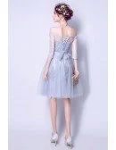 Grey A-line Off-the-shoulder Knee-length Tulle Wedding Dress With Appliques Lace