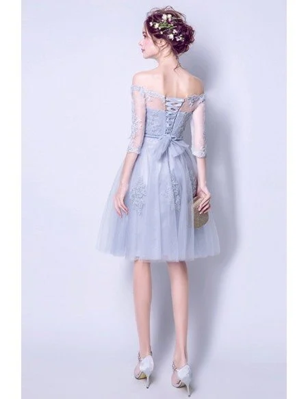 Grey A-line Off-the-shoulder Knee-length Tulle Wedding Dress With Appliques Lace