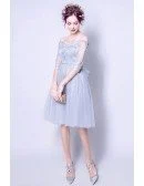 Grey A-line Off-the-shoulder Knee-length Tulle Wedding Dress With Appliques Lace