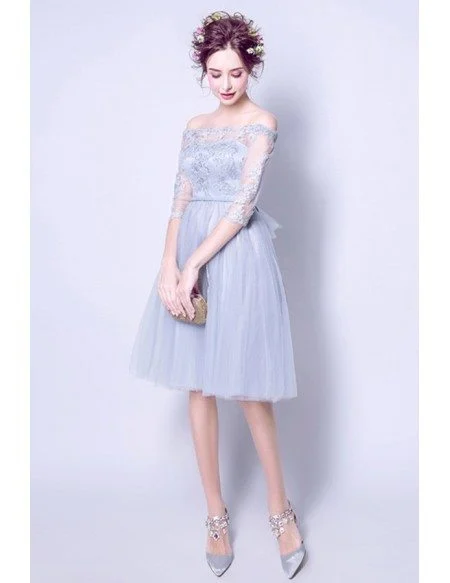 Grey A-line Off-the-shoulder Knee-length Tulle Wedding Dress With Appliques Lace