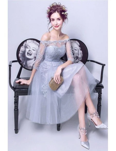 Grey A-line Off-the-shoulder Knee-length Tulle Wedding Dress With Appliques Lace