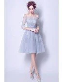 Grey A-line Off-the-shoulder Knee-length Tulle Wedding Dress With Appliques Lace