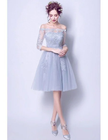 Grey A-line Off-the-shoulder Knee-length Tulle Wedding Dress With Appliques Lace