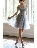 Grey A-line Off-the-shoulder Knee-length Tulle Wedding Dress With Appliques Lace