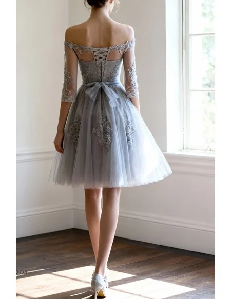 Grey A-line Off-the-shoulder Knee-length Tulle Wedding Dress With Appliques Lace