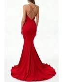 Glamorous Red Satin Long Mermaid Prom Dress with Thin Straps and Deep V-neckline