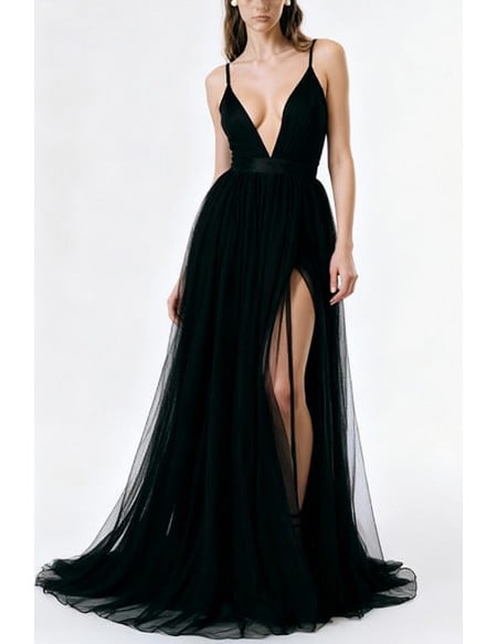 Sexy Plung Neckline Midnight Black Tulle Slit Party Dress Featuring Spaghetti Straps And Open Back