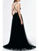 Sexy Plung Neckline Midnight Black Tulle Slit Party Dress Featuring Spaghetti Straps And Open Back