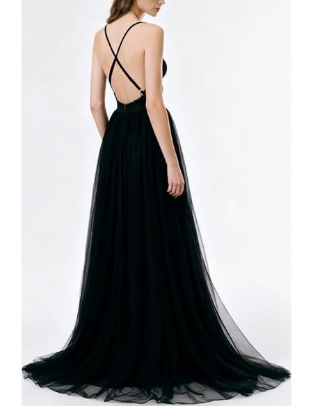 Sexy Plung Neckline Midnight Black Tulle Slit Party Dress Featuring Spaghetti Straps And Open Back