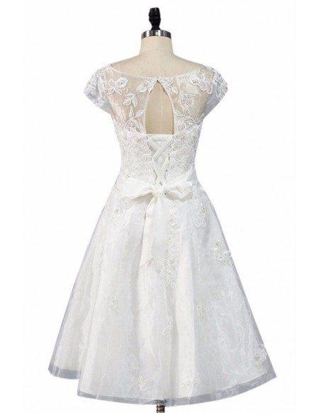 Vintage Knee Length Lace A Line Short Wedding Dress Modest Cap Sleeves