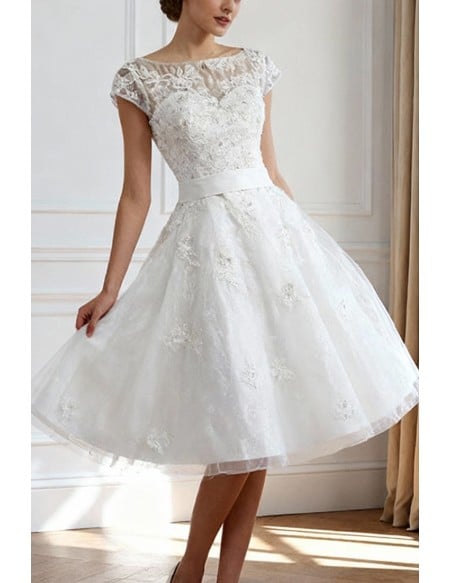 Vintage Knee Length Lace A Line Short Wedding Dress Modest Cap Sleeves