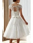 Vintage Knee Length Lace A Line Short Wedding Dress Modest Cap Sleeves
