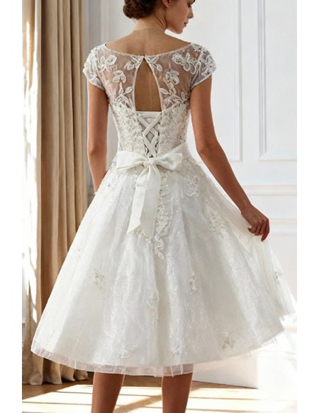 Vintage Knee Length Lace A Line Short Wedding Dress Modest Cap Sleeves