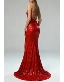 Glittering Sequin Tight Mermaid Crimson Long Pleated Prom Dress with Slit