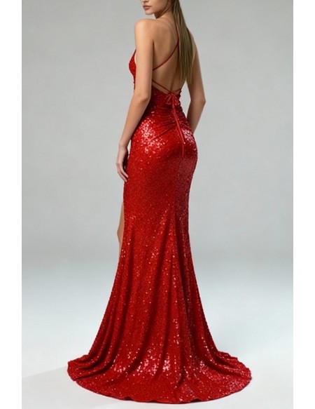 Glittering Sequin Tight Mermaid Crimson Long Pleated Prom Dress with Slit