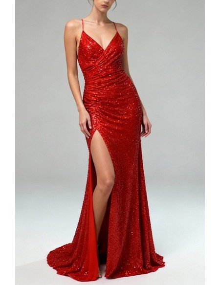 Glittering Sequin Tight Mermaid Crimson Long Pleated Prom Dress with Slit