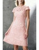 Romantic Pink All Lace Short Party Mini Dress with Cap Sleeves