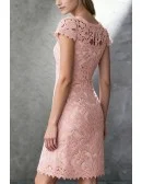Romantic Pink All Lace Short Party Mini Dress with Cap Sleeves