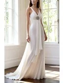 V-neck Beaded Long Chiffon A-line Beach Wedding Dress